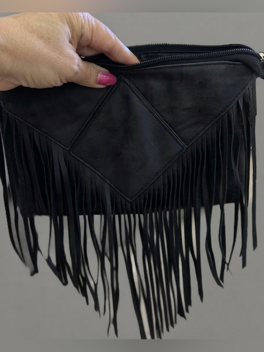 Black Fringed Faux Leather Biker Hip Clip- Purse. Concert/Festival
Pouch 9"x6.5"